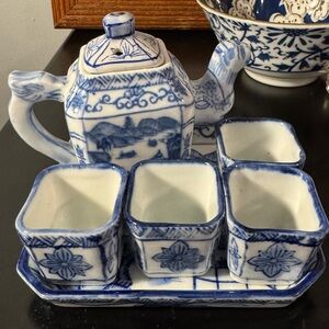 Hand-Painted Blue and White Ceramic Tea Set Vase Accent